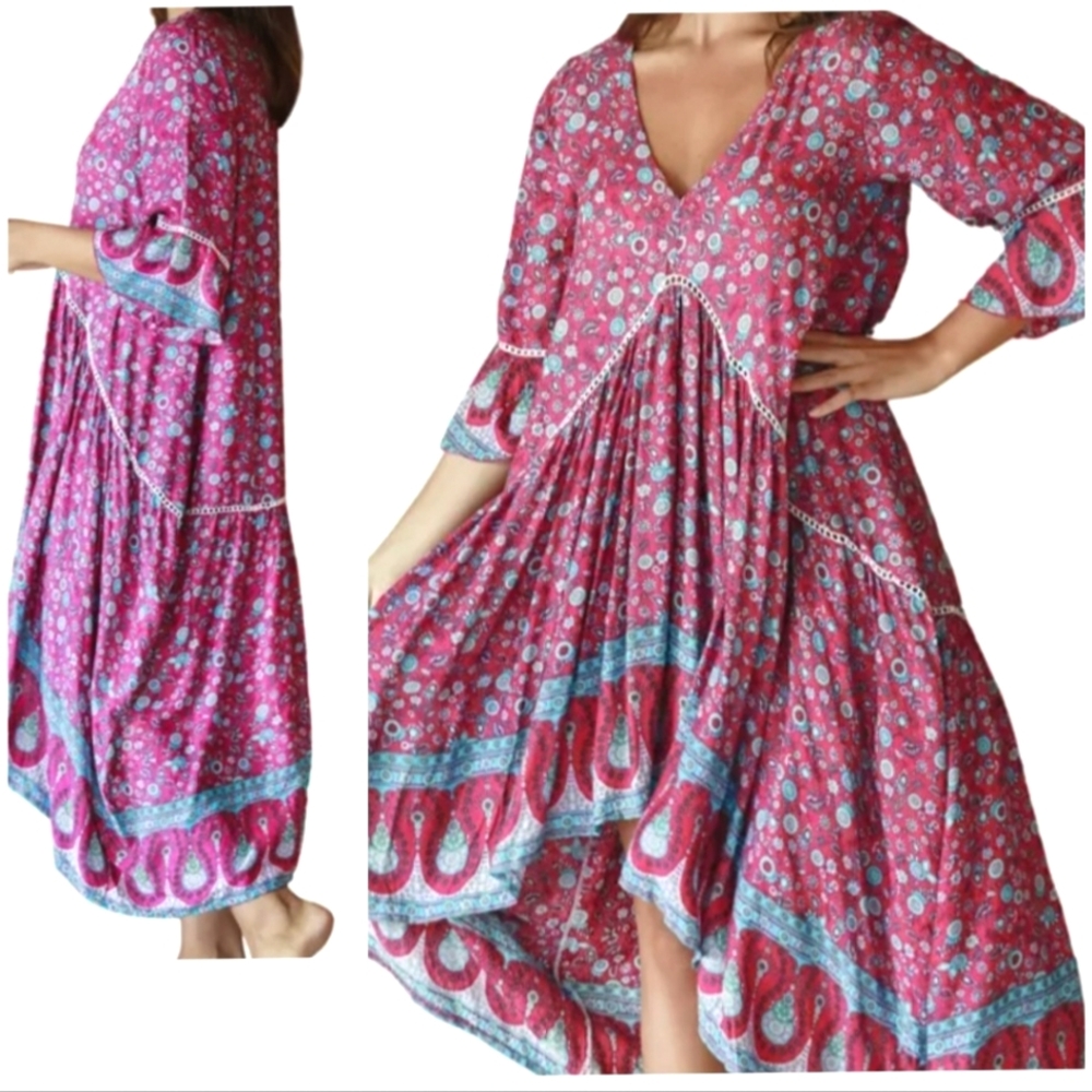Nwt Aura Floral Boho Gypsy Dress Oversized Flowy Rayon Hi Lo Hem - Picture 2 of 12